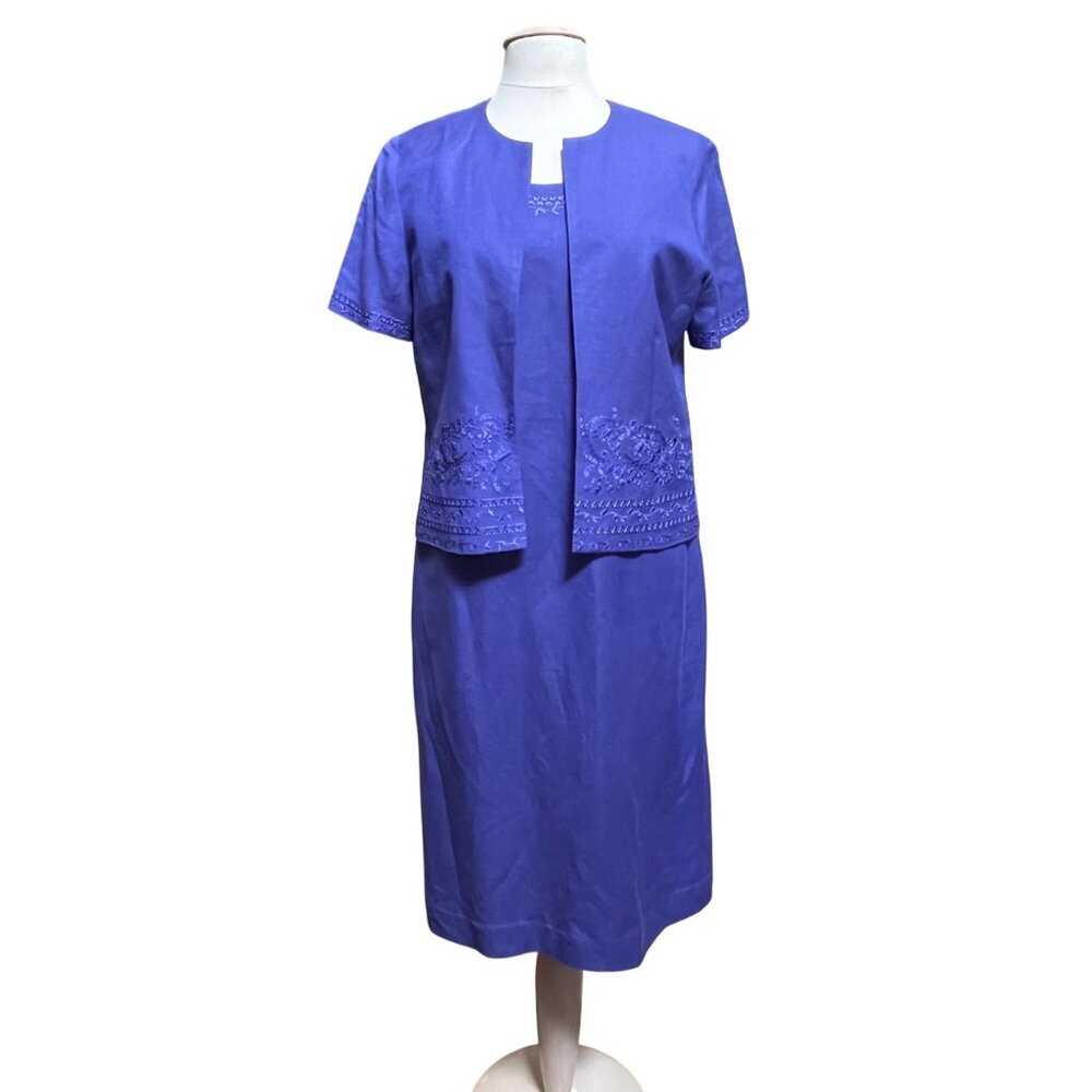 Coldwater Creek Purple Embroidered Linen Blend Suit Dress Jacket‎ Set Size 10